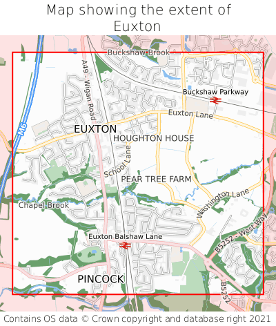 Map showing extent of Euxton as bounding box