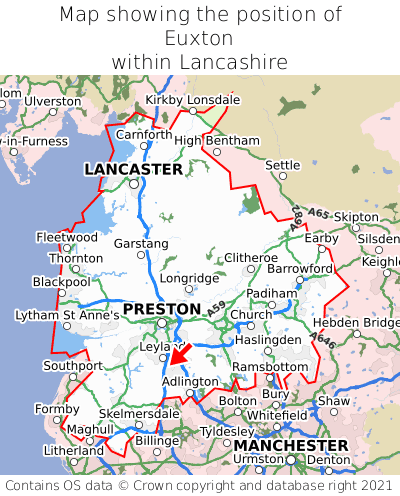Map showing location of Euxton within Lancashire