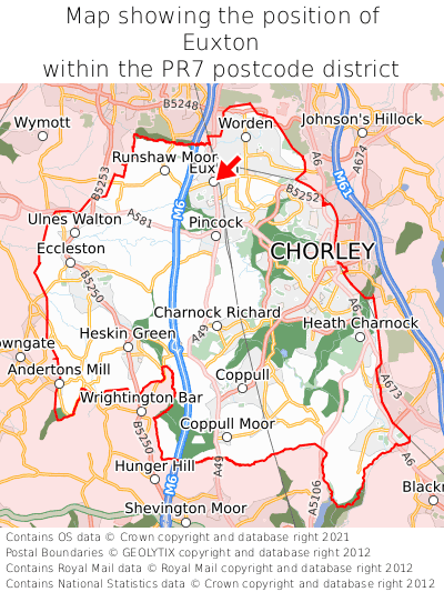 Map showing location of Euxton within PR7