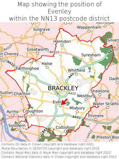 Map showing location of Evenley within NN13