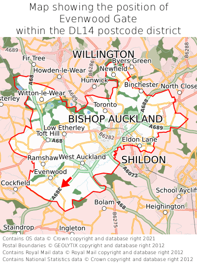 Map showing location of Evenwood Gate within DL14