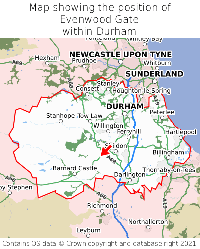 Map showing location of Evenwood Gate within Durham