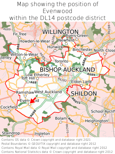 Map showing location of Evenwood within DL14