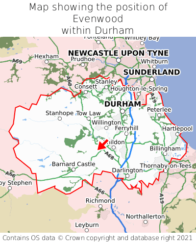 Map showing location of Evenwood within Durham