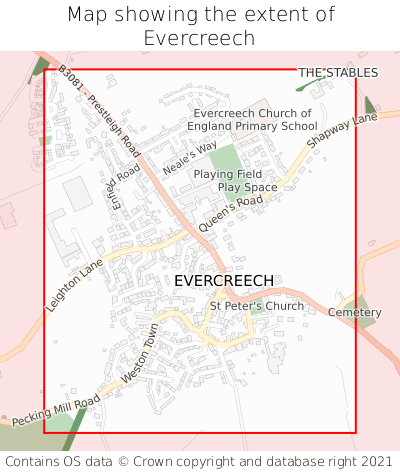 Map showing extent of Evercreech as bounding box