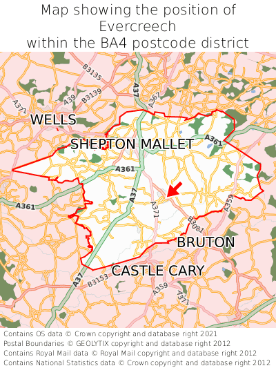 Map showing location of Evercreech within BA4