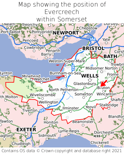 Map showing location of Evercreech within Somerset