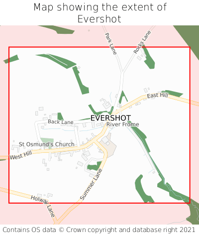 Map showing extent of Evershot as bounding box