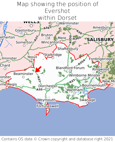Map showing location of Evershot within Dorset