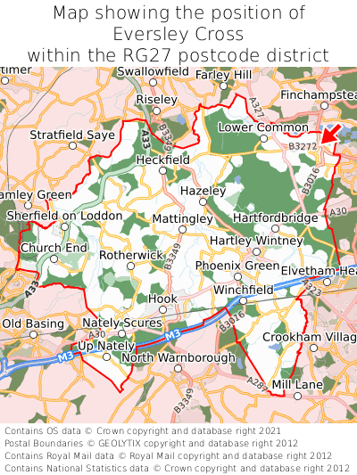 Map showing location of Eversley Cross within RG27