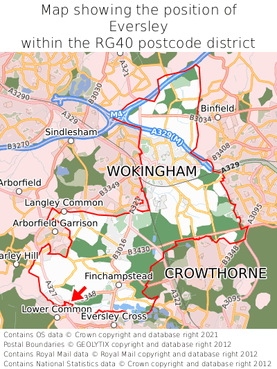 Map showing location of Eversley within RG40