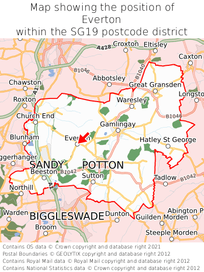 Map showing location of Everton within SG19
