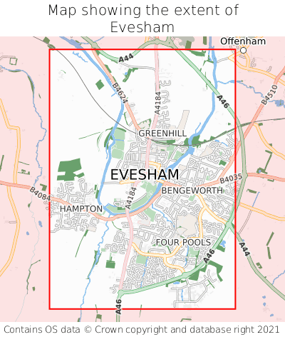 Map showing extent of Evesham as bounding box