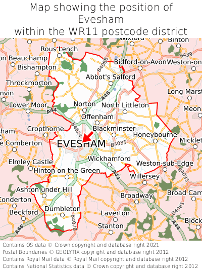 Map showing location of Evesham within WR11