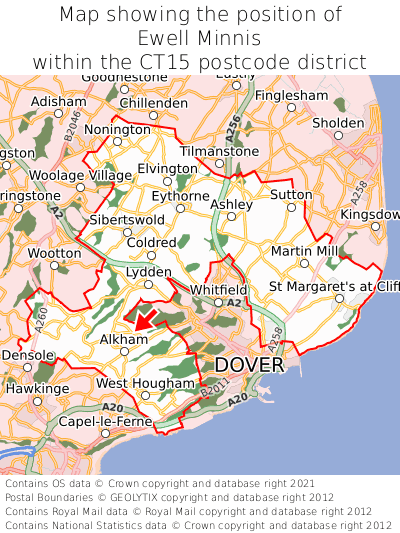 Map showing location of Ewell Minnis within CT15