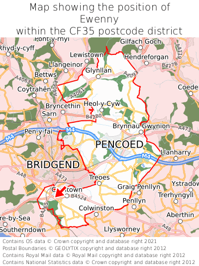 Map showing location of Ewenny within CF35