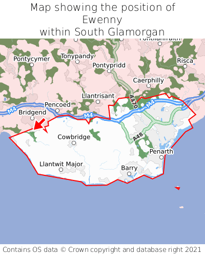 Map showing location of Ewenny within South Glamorgan