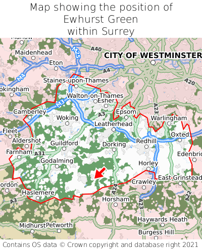 Map showing location of Ewhurst Green within Surrey
