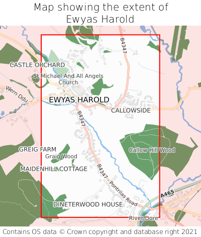 Map showing extent of Ewyas Harold as bounding box