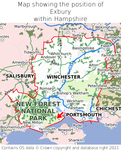 Map showing location of Exbury within Hampshire