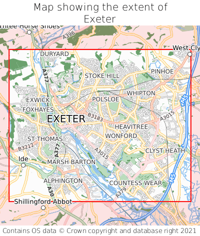 Map showing extent of Exeter as bounding box