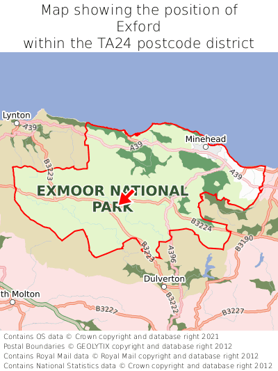 Map showing location of Exford within TA24