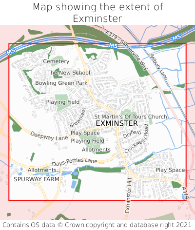 Map showing extent of Exminster as bounding box