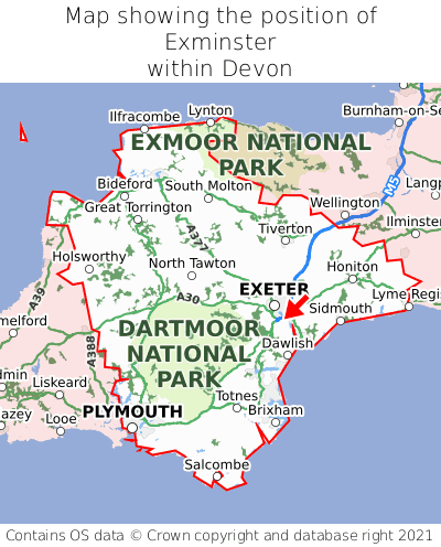 Map showing location of Exminster within Devon