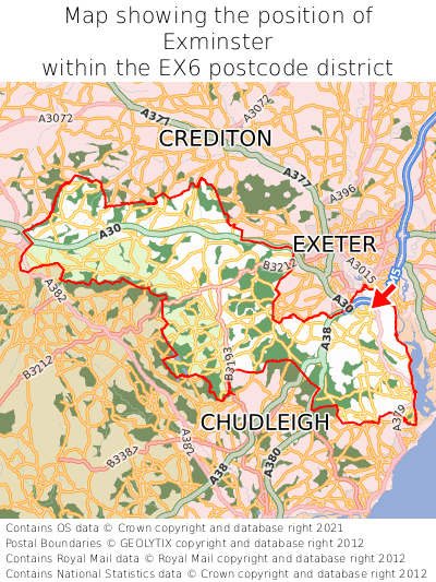 Map showing location of Exminster within EX6