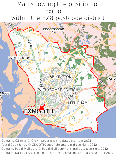 Map showing location of Exmouth within EX8