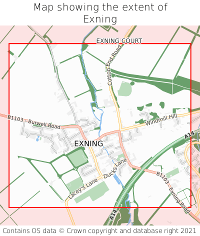Map showing extent of Exning as bounding box