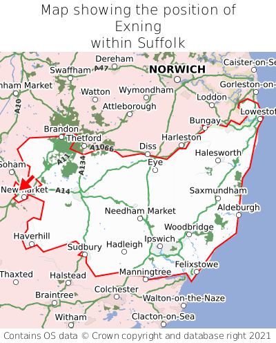 Map showing location of Exning within Suffolk