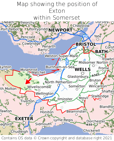 Map showing location of Exton within Somerset