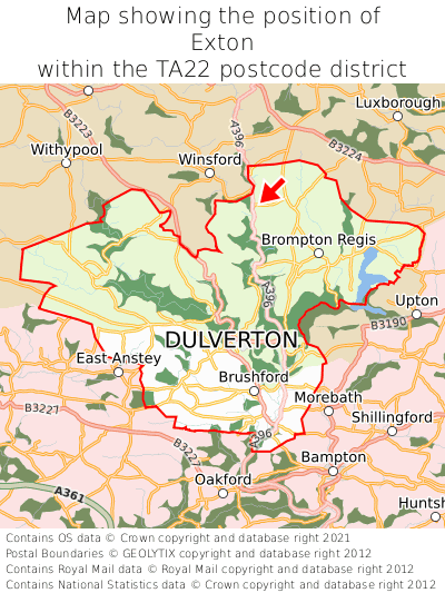 Map showing location of Exton within TA22