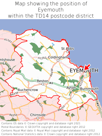 Map showing location of Eyemouth within TD14
