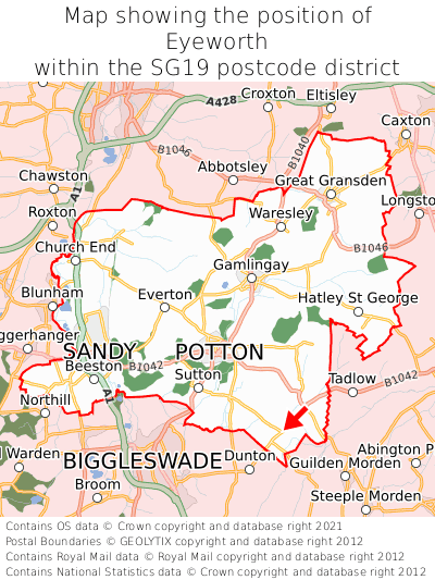 Map showing location of Eyeworth within SG19