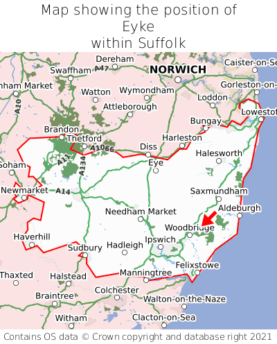 Map showing location of Eyke within Suffolk