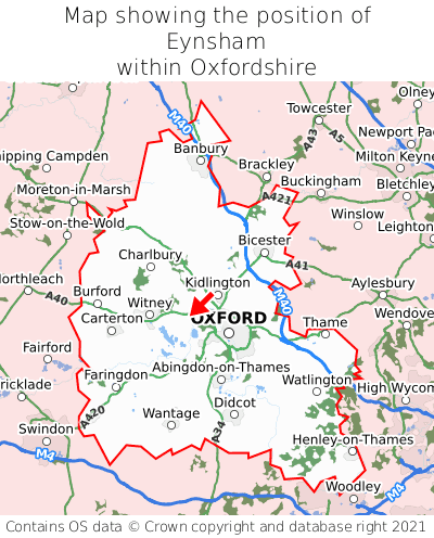 Map showing location of Eynsham within Oxfordshire