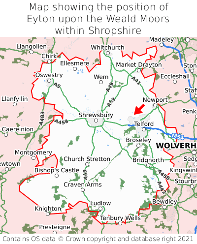 Map showing location of Eyton upon the Weald Moors within Shropshire