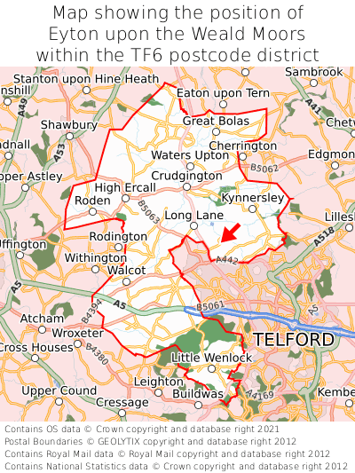 Map showing location of Eyton upon the Weald Moors within TF6