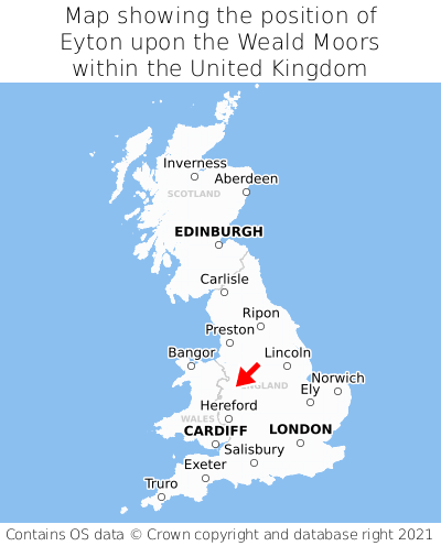 Map showing location of Eyton upon the Weald Moors within the UK