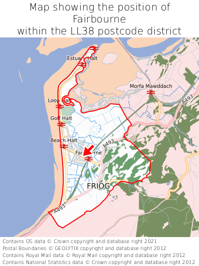 Map showing location of Fairbourne within LL38