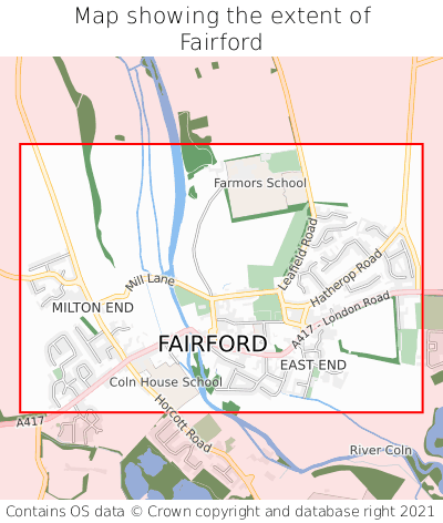 Map showing extent of Fairford as bounding box