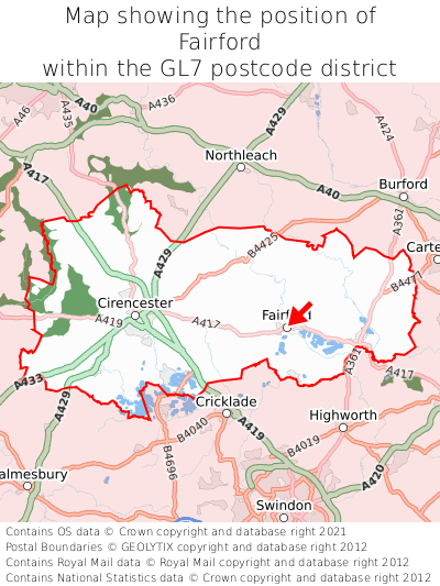 Map showing location of Fairford within GL7