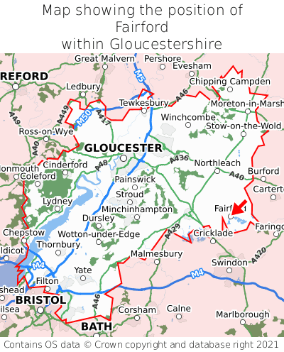 Map showing location of Fairford within Gloucestershire