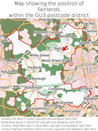 Map showing location of Fairlands within GU3