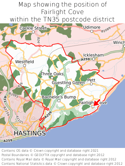 Map showing location of Fairlight Cove within TN35