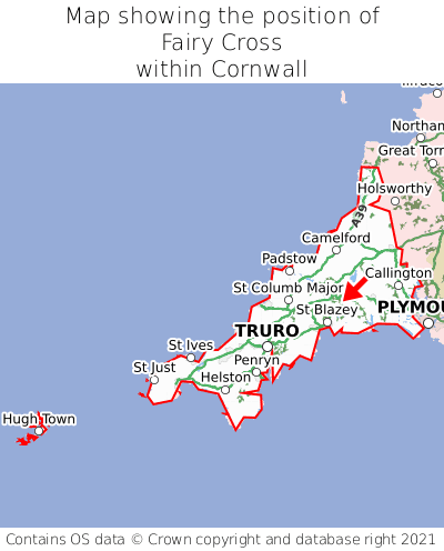 Map showing location of Fairy Cross within Cornwall