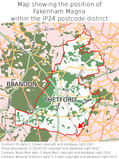 Map showing location of Fakenham Magna within IP24