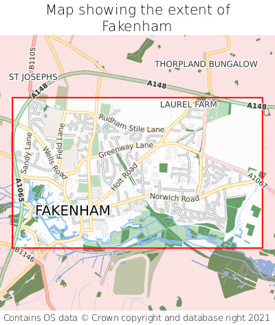 Map showing extent of Fakenham as bounding box